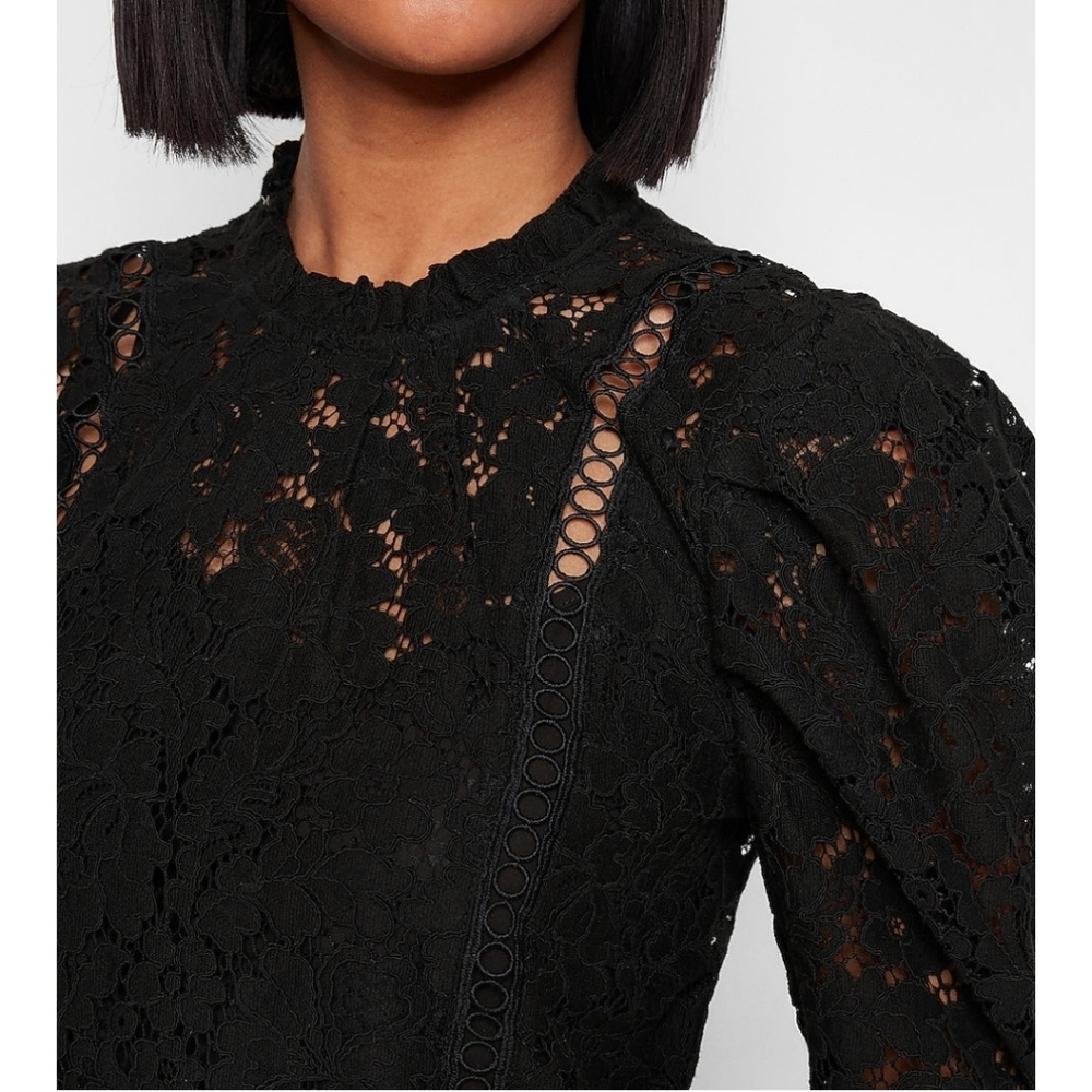 Express Black Lace Puff Sleeve Top - Picture 3 of 4